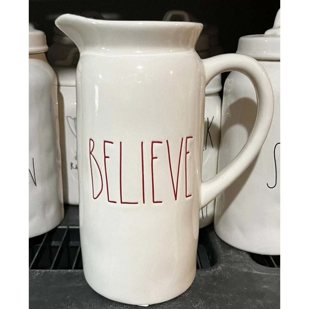 Rae Dunn BELIEVE Pitcher Christmas With Red Writing *
